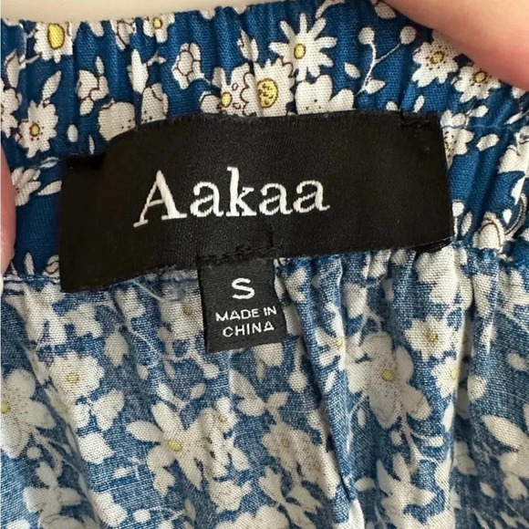 Aakaa Blue Ruffled White Floral Mini Skirt Drawstring Tassels Size Small - Picture 6 of 9